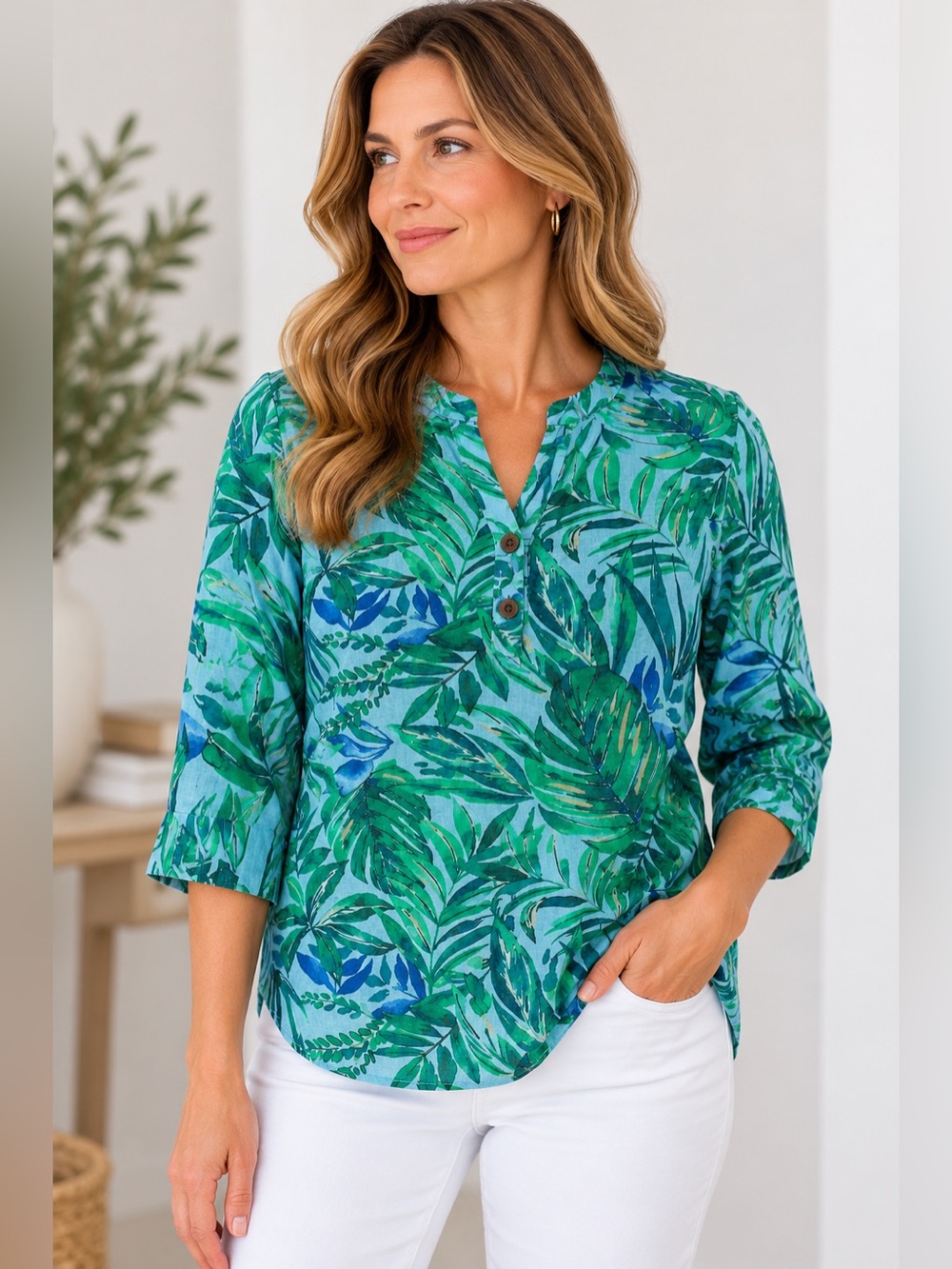 J.Jill Tropical Botanical Print 100% Cotton Blouse Size Small